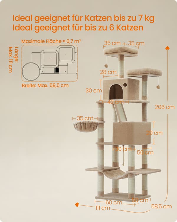 Stor klösbräda - 206 cm hög - med våningar - kamelbrun