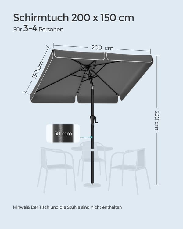 Parasol - Rektangulær 200 x 150 cm - Stål - Grå