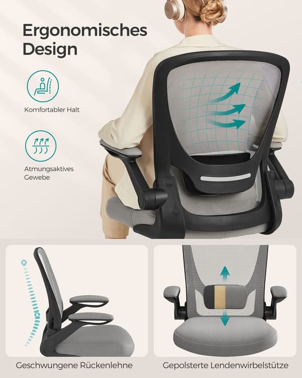 Kontorstol - ergonomisk med armlæn og vippefunktion - duegrå