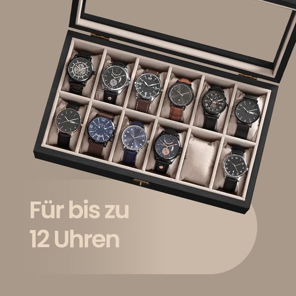 Urkasse - Glaslåg - 12 rum - Sort