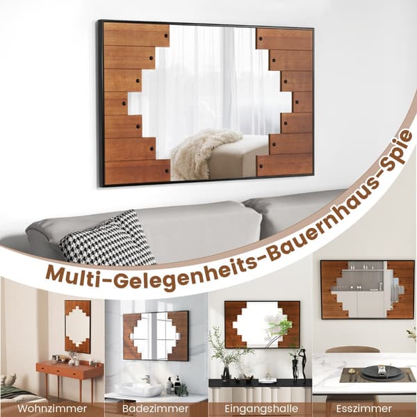 Rektangulär - spegel med träram rustik tvåvägskrok - 60 x 95 cm - Trä