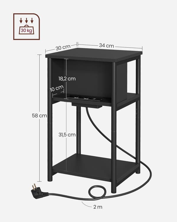 Sidebord med 2 USB-porte - Stilfuldt design - Sort