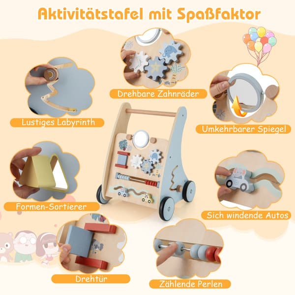 Baby - Walker i trä med Multi Activity Learning Center Montessori Push - Blå