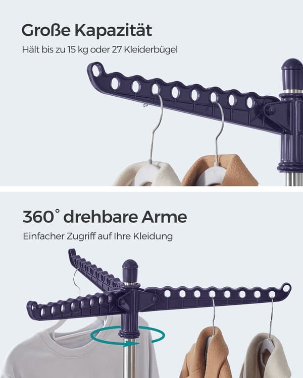 Tørrestativ - 3 drejearme - rustfrit stål - blå sølv