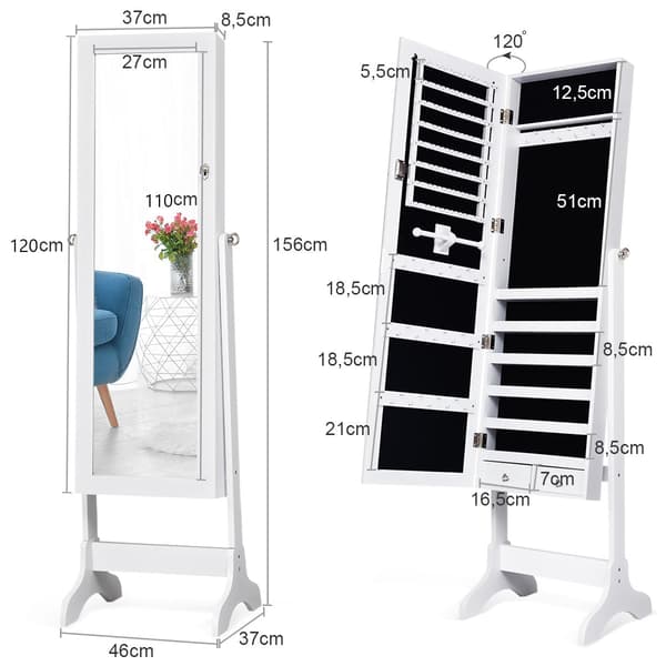 Smyckesskåp - Låsbart Smyckesspegelskåp med - 46 x 37 x 156 cm - Vit