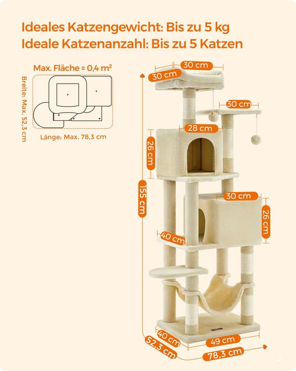 Kradsetræ med platforme og hængekøje - 155 cm - beige