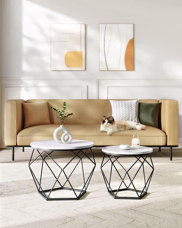 Runt soffbord set om 2 - modern design - vit bläcksvart marmor