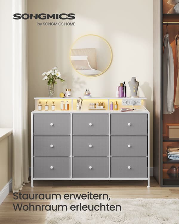 Kommode med 9 skuffer og LED-belysning - Dove Grey