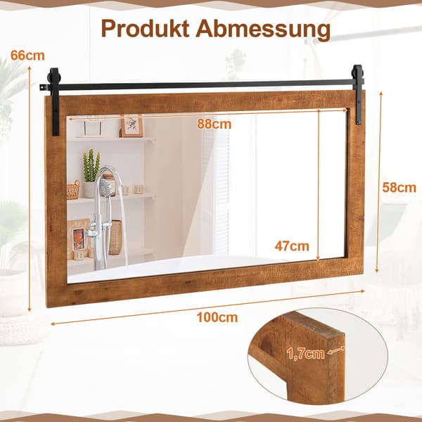 Rektangulär - spegel med träram Rustik Okrossbar hängande - Brun