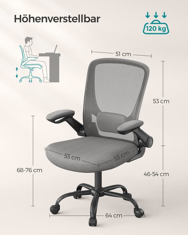 Kontorstol - ergonomisk med armlæn og vippefunktion - duegrå