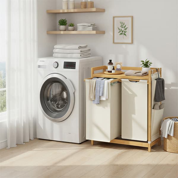 Pyykkikori kahdella lokerolla - bambu - 150L