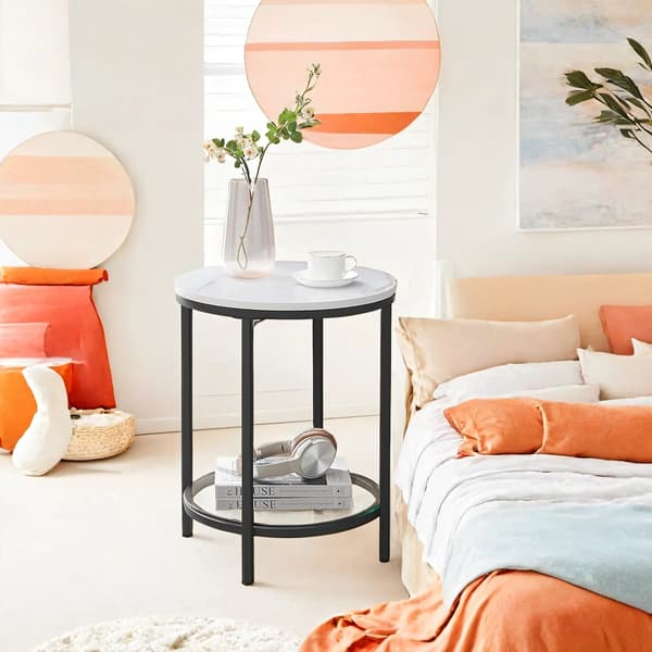 Sidebord - 2 niveauer - Marmorlook Hvid - Sort
