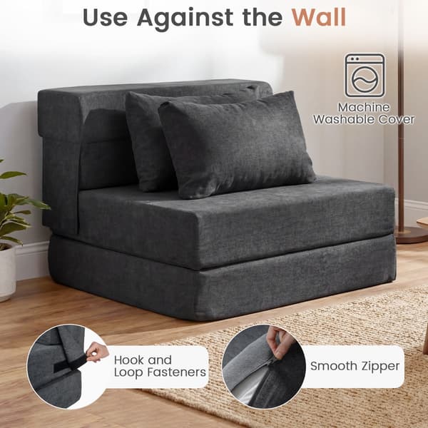 i - Fällbar sängsoffa i chenille med kudde för vardagsrum, sovrum och hemtkontor - 3 1 2 - Grå