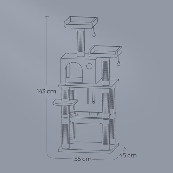 Raapimispuu 143 cm - Talli kissanpuu 11 raapimispuulla - Savunharmaa