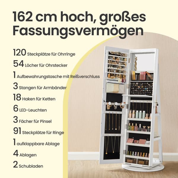 Smyckesskåp - Väggmonterad modell med helfigursspegel - Vit och grå