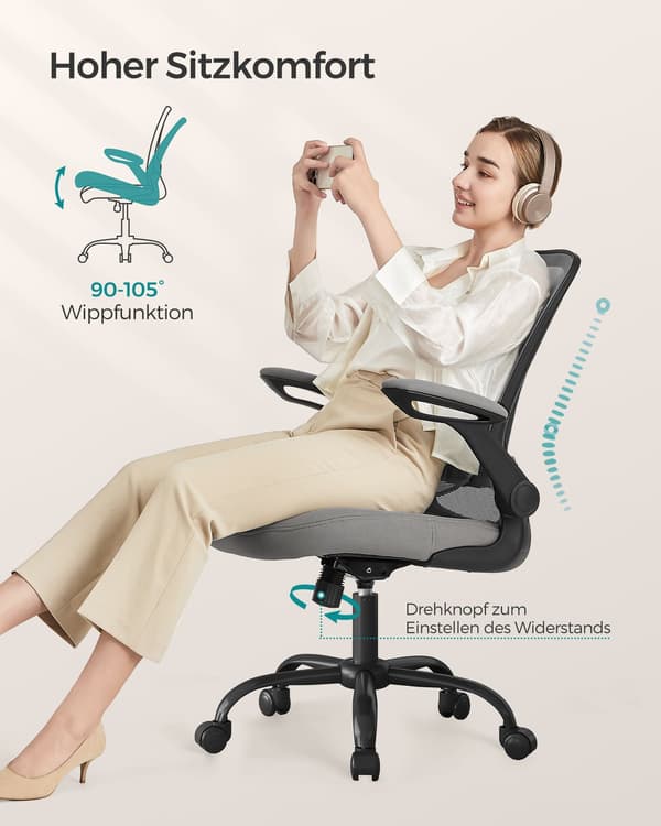 Kontorstol - ergonomisk med armlæn og vippefunktion - duegrå