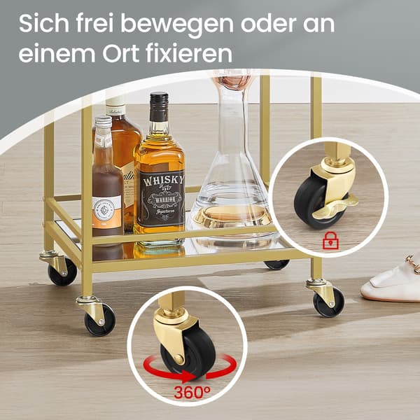 Serveringsvogn - 3 niveauer - stål og spejlglas - guld