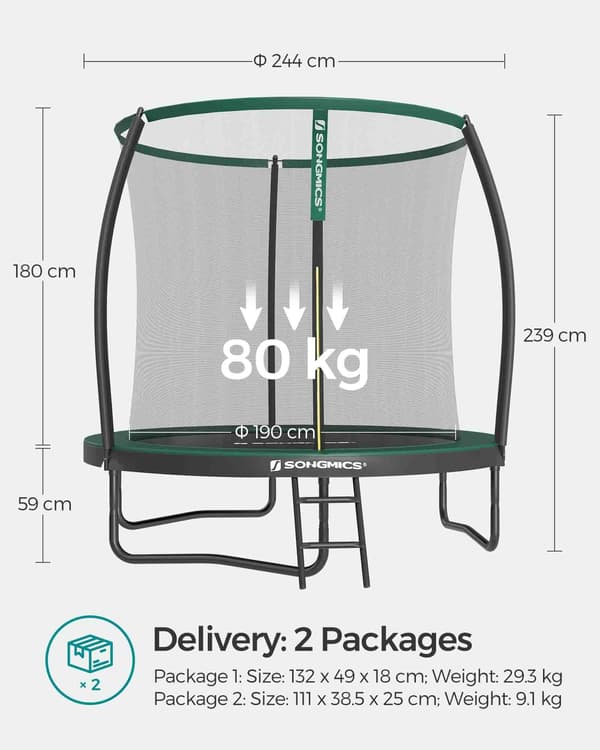 Trampolin Ø 244 cm med indernet - sikker og robust - sortgrøn