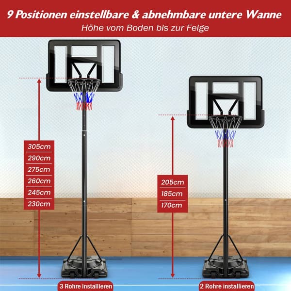 Höjdjusterbart - basketställ Utomhusbasketbåge med stativ - 170-305 cm - Svart