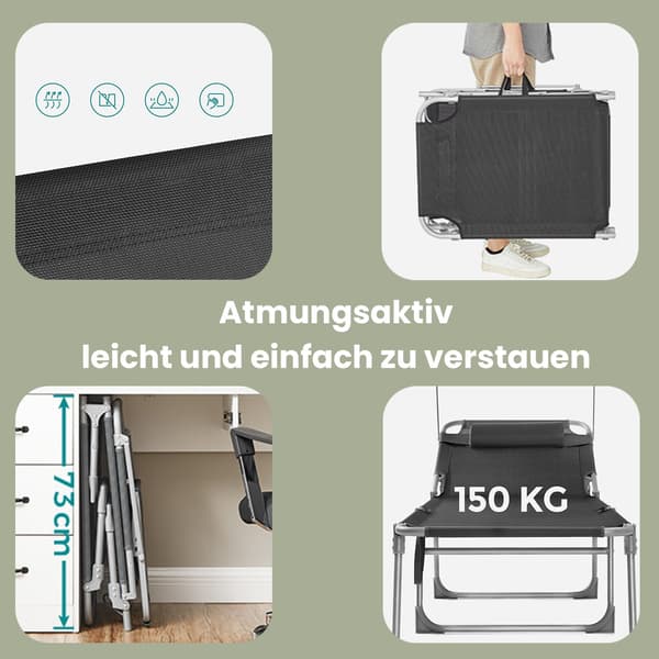Hopfällbar solstol - Justerbar och lätt - Mörkgrå