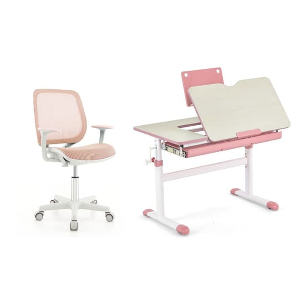 Höjjusterbart - barnskrivbord + barnroterbar stol set, - . - Rosa