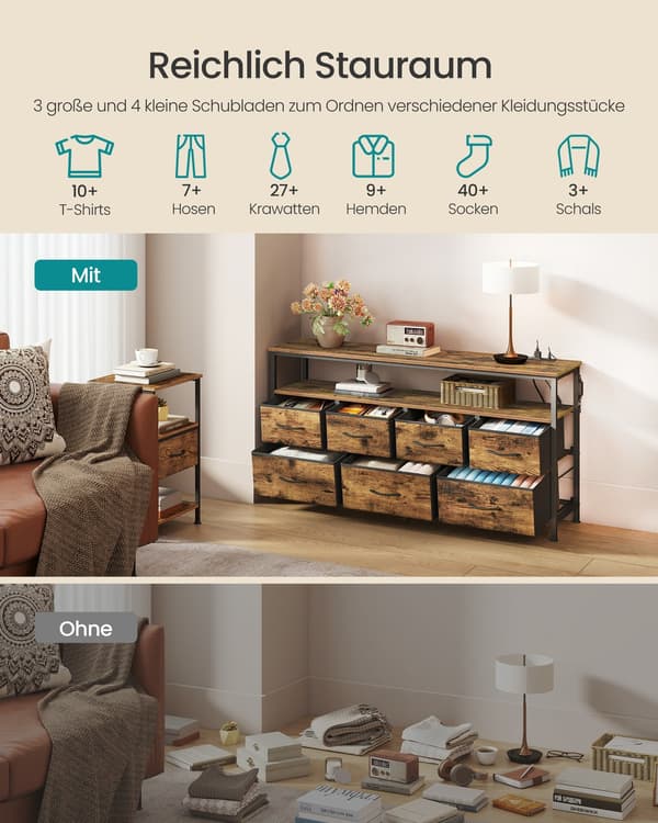Kommode - 7 skuffer og 1 hylde - Spånplade, stål, MDF - App-styret LED-belysning - Industriel stil