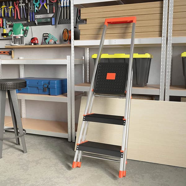 3-trins stige - Skridsikker og foldbar - Sølv, sort, orange