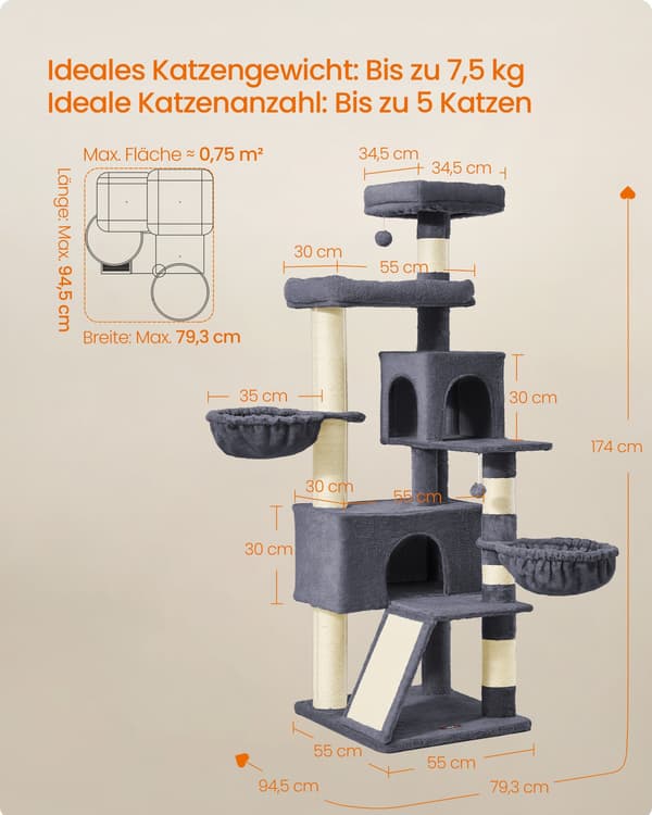Kradsetræ - 174 cm - Stor Platform - Dobbelt Hule - Mørkegrå