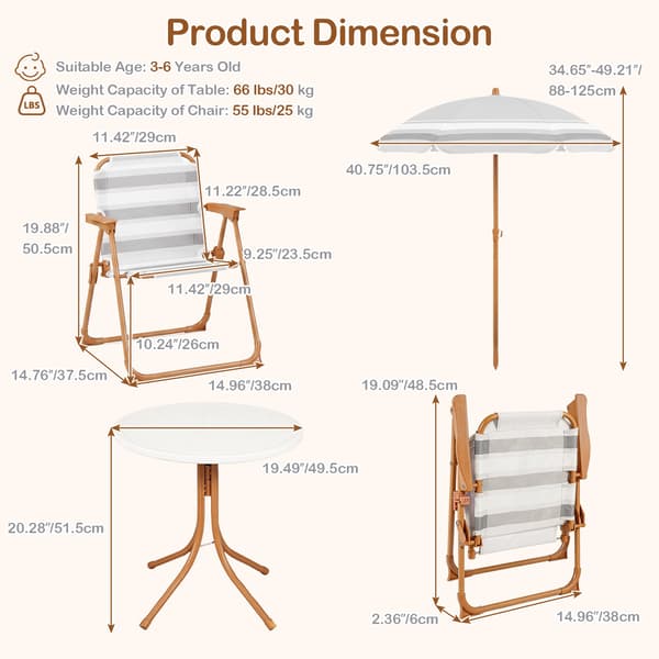 Barnmöbelset - med höjdjusterbart solparasoll, 4‑delat barnset bord och fällstolar - 2