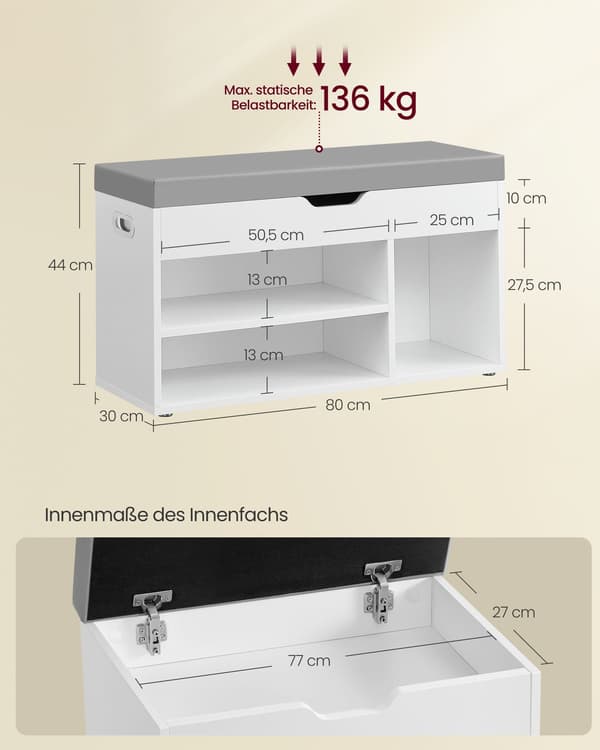 Skobænk med 3 åbne rum - moderne design - skyhvid