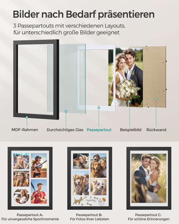 Fotoram A4 - spårlösa väggkrokar - asksvart