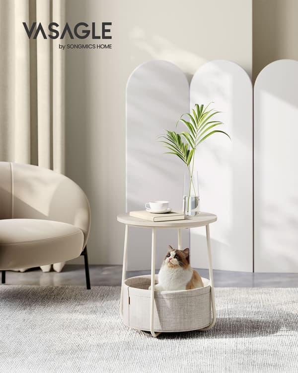 Pyöreä sivupöytä kangaskorilla 45 cm beige