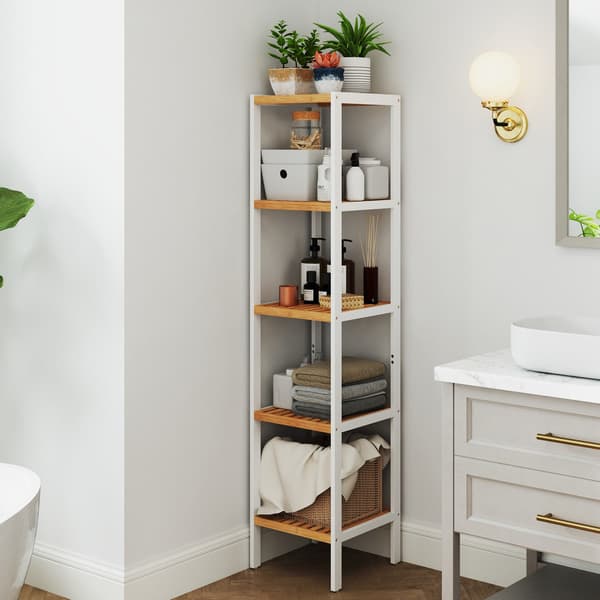Badrumshylla - 5 nivåer - Bambu - Molnvit-naturbeige