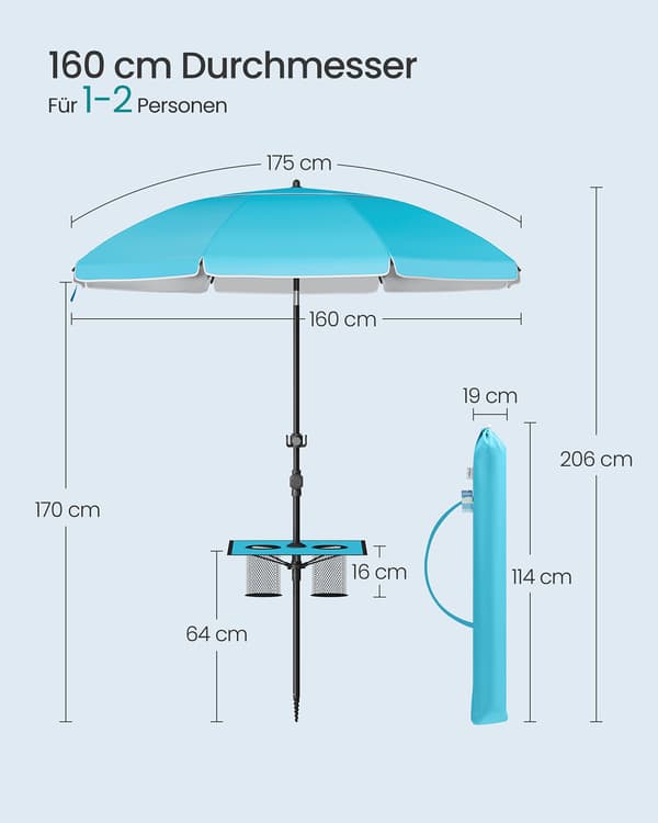 Parasoll 200 cm - Justerbart och hopfällbart - Blått