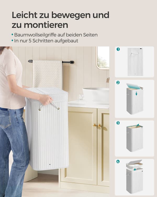 Tvättkorg - med bambulock - 72 liter - molnvit