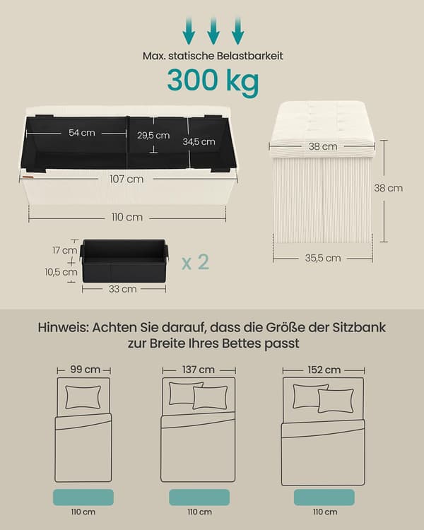 Opbevaringsbænk - foldbart design - cremehvid