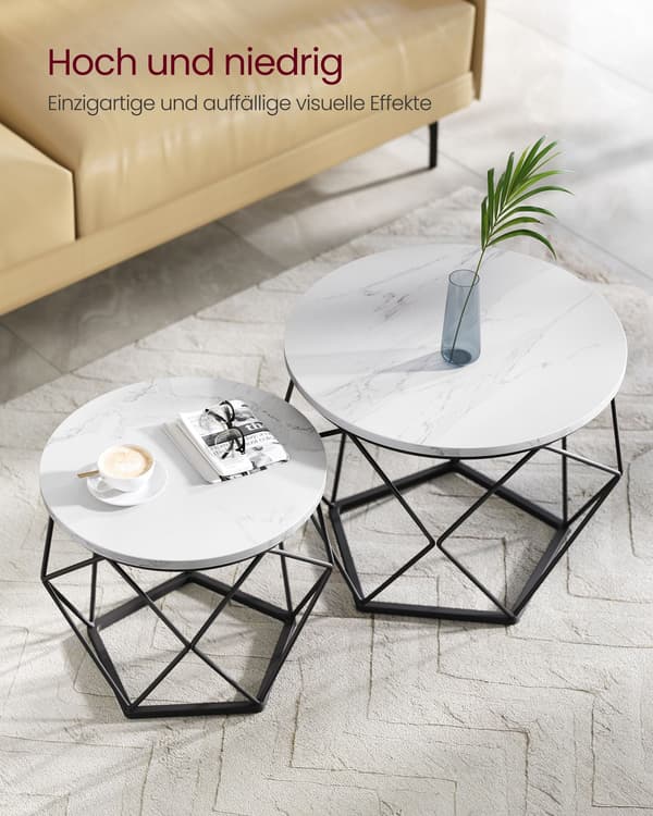 Runt soffbord set om 2 - modern design - vit bläcksvart marmor