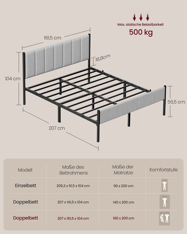 Dobbeltsengestel med stållamelbund, duegrå
