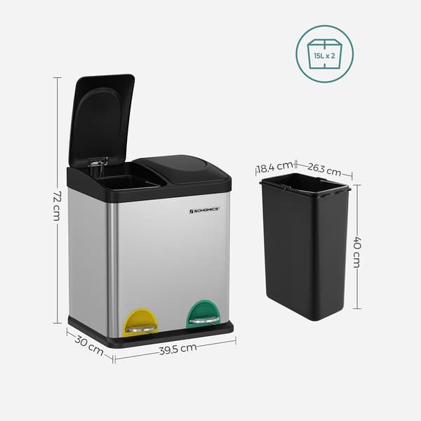 Papperskorg - 2 x 15 L - med innerhink - silver