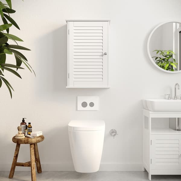 Wall Cabinet - Wooden - White - Adjustable Shelf and Shutter Door