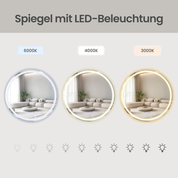 Rund badrumsspegel - Med LED-belysning - Dimbar - 61 cm - Vit