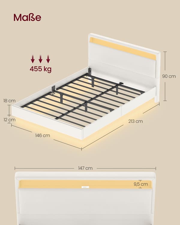 Sengestel 140x200 cm med LED-belysning og USB Cloud White
