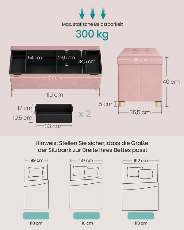 Förvaringsbänk med lock - rymlig förvaring - sammet - rosa
