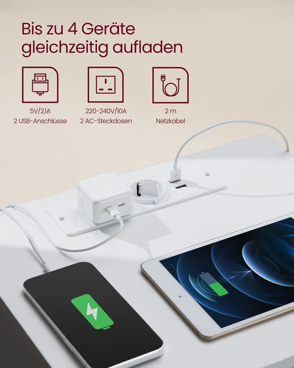 Sidebord med 2 stikkontakter til soveværelset Cloud White