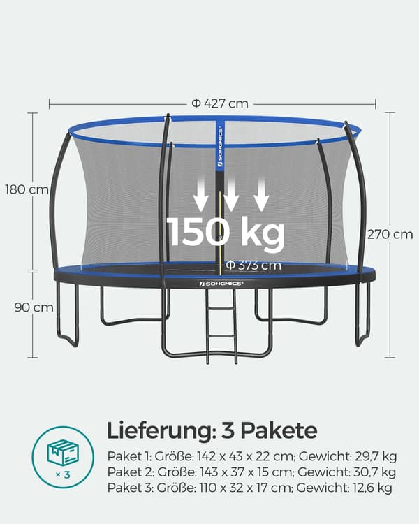 Trampoliini Ø 427 cm - sisäverkolla - musta-sininen