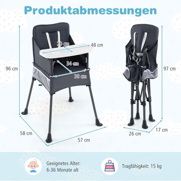 Baby - Fällbar Högstol med Justerbart Bricka och Bärväska Barnstol - Grå