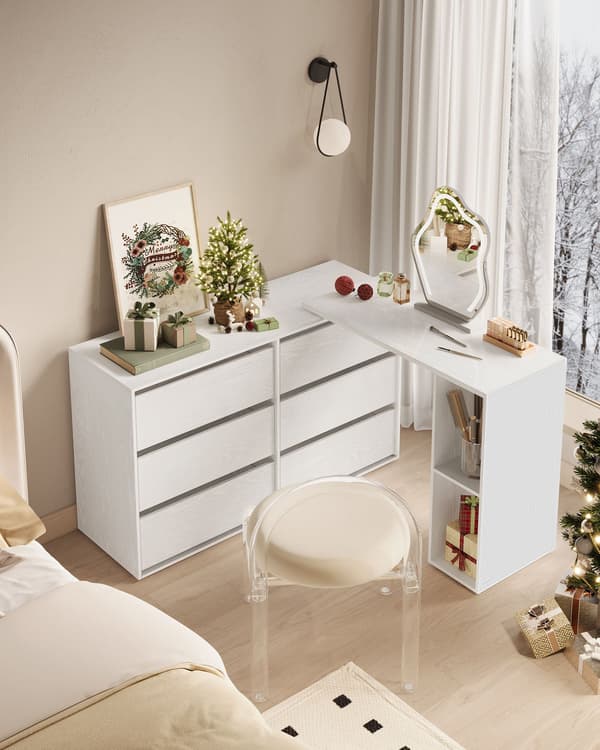 Sminkbord med hyllor - L-format - snövit