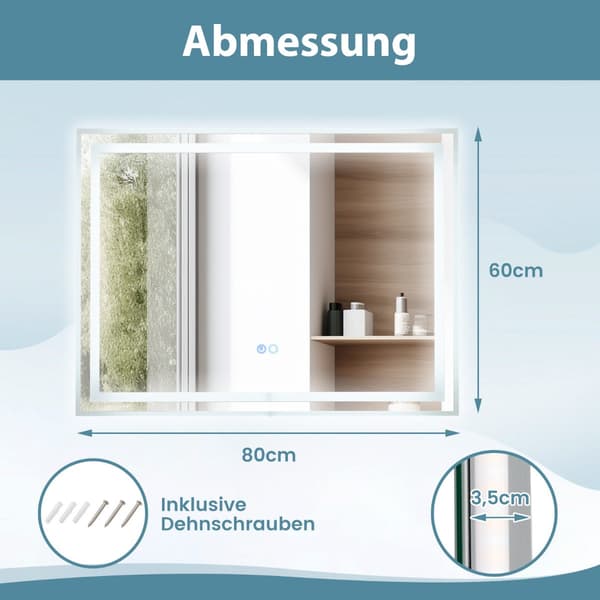 LED Badrumsspegel - med belysning Anti dim rektangulär - 80 x 60 cm - Silver