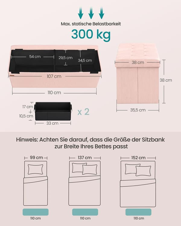 Opbevaringsbænk - foldbart design - pastelrosa