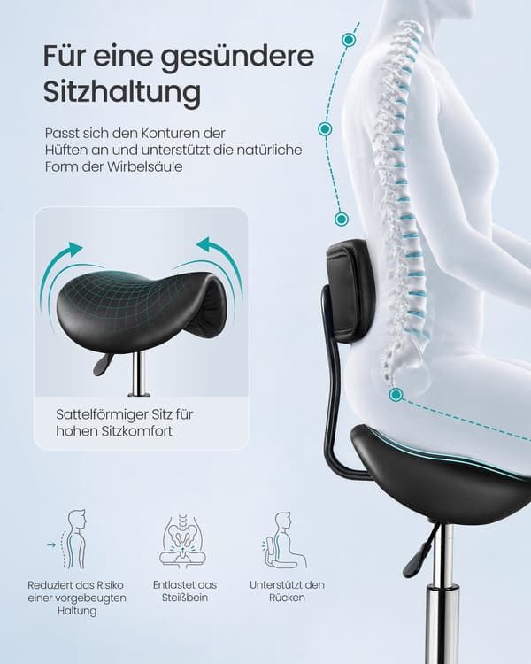 Sadelpall - Ergonomisk - På hjul - 360° vridbar - Bläcksvart